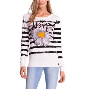 Desigual White and Black Striped Sweater with Daisy Design XL